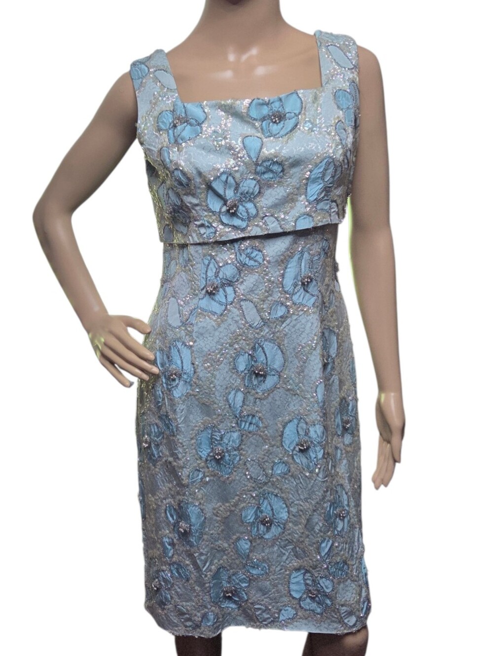 Vintage 1950's Beaded Dress Sequin Dress Blue Floral Brocade 4 6 Small
